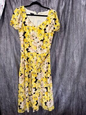 Talbots Yellow Floral Midi Dress with Pale Pink Blossoms